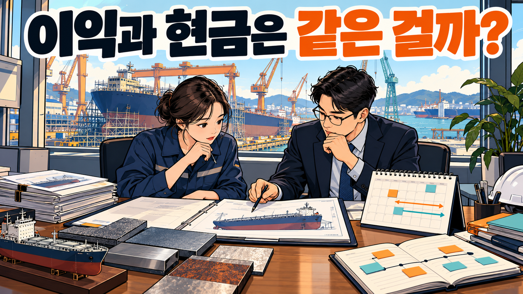계약서와 자재, 대금 수취 일정을 비교하는 엔지니어와 재무 담당자