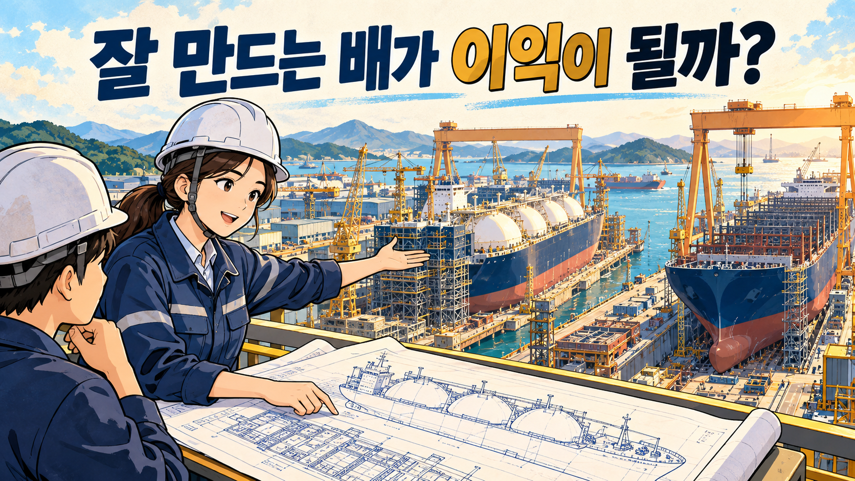 조선소 전망 공간에서 LNG선과 컨테이너선 건조 과정을 설명하는 엔지니어