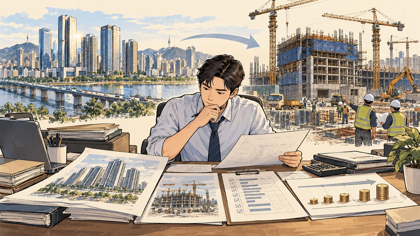 완공된 건물과 공사 중인 건물을 보며 계약과 수금 일정을 확인하는 모습을 그린 일러스트
