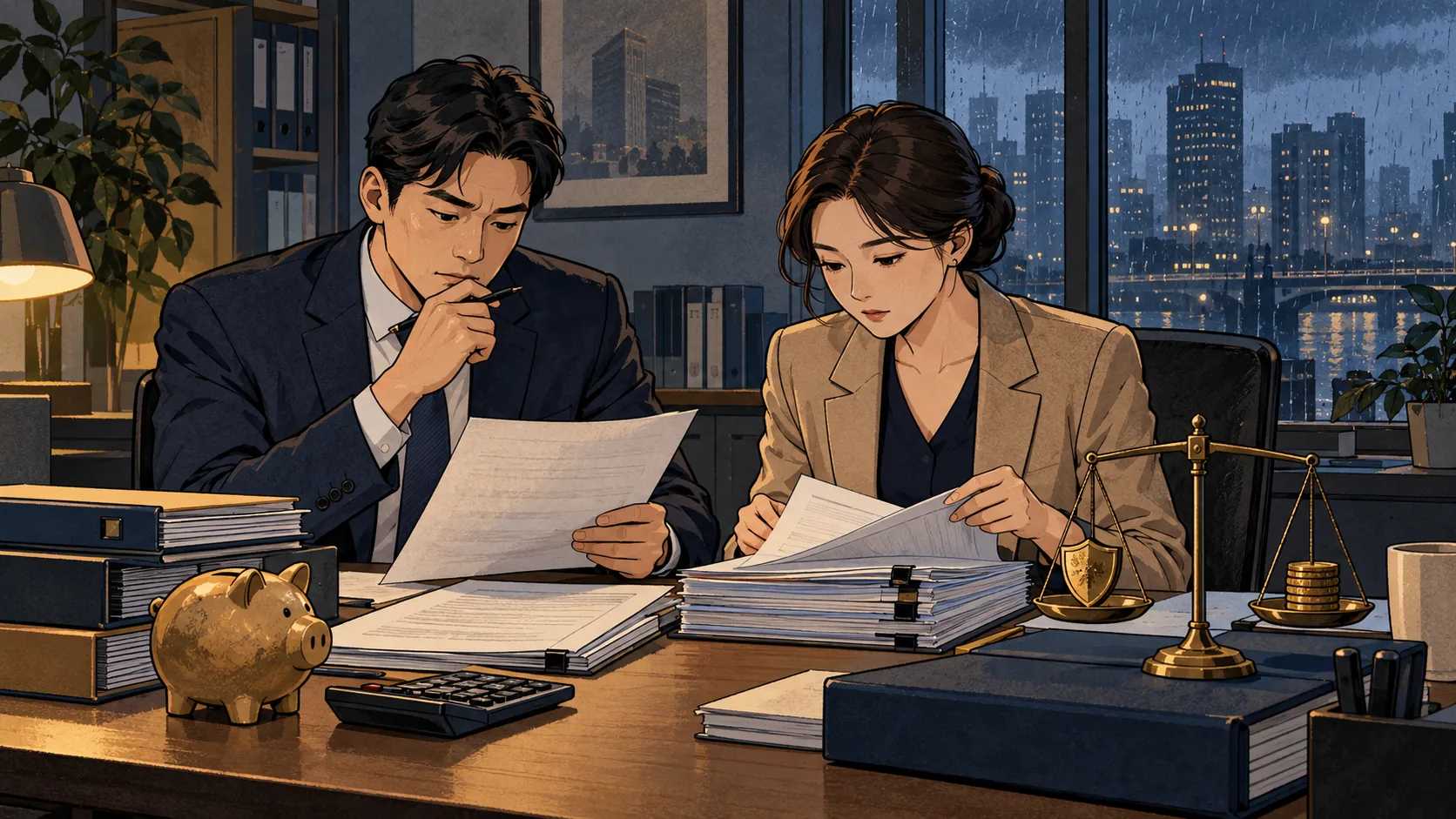 금융회사 담당자가 대출 상환과 자본 자료를 점검하는 일러스트