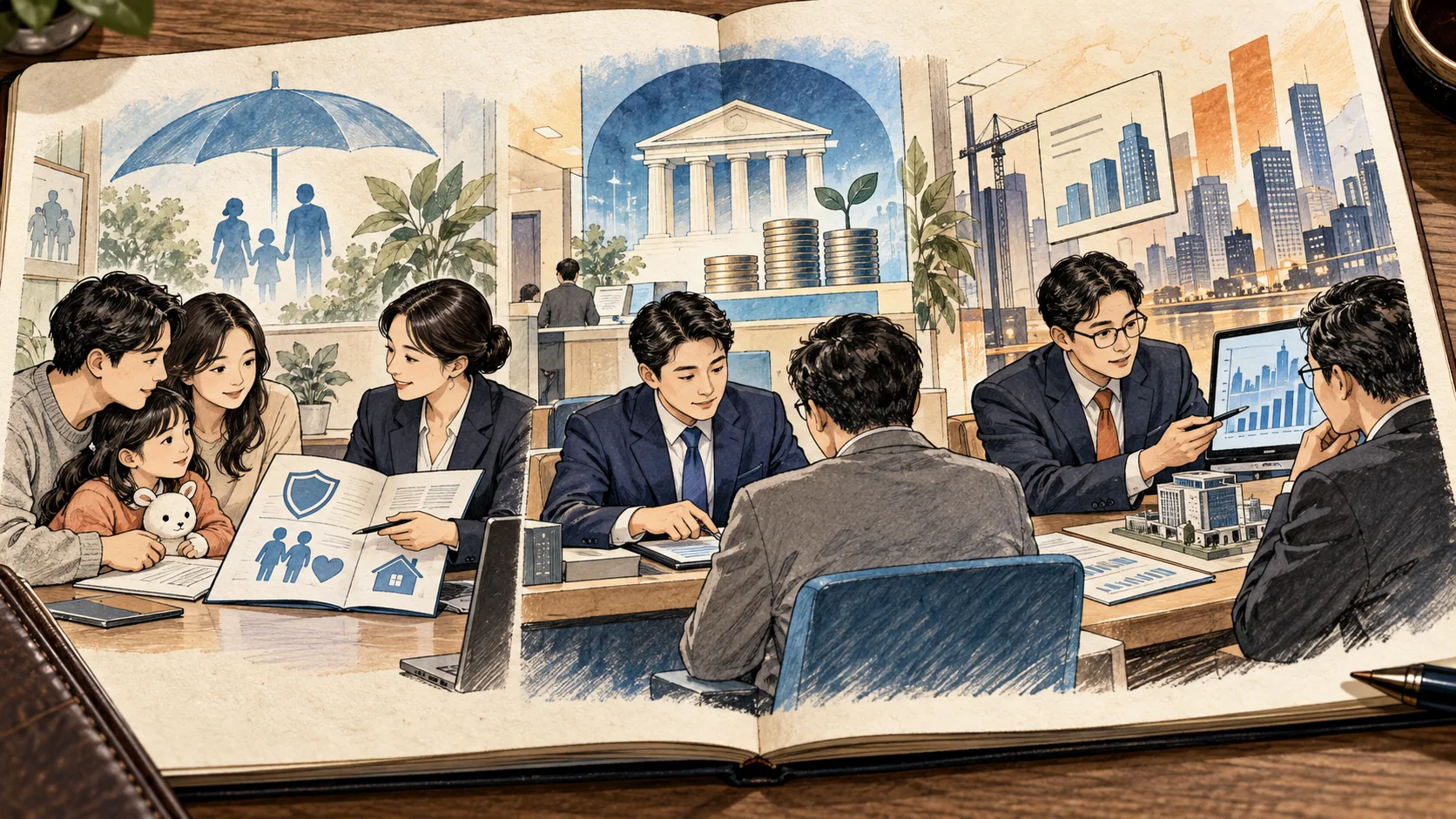 은행과 보험, 증권 서비스를 각각 상담하는 장면을 노트에 그린 일러스트