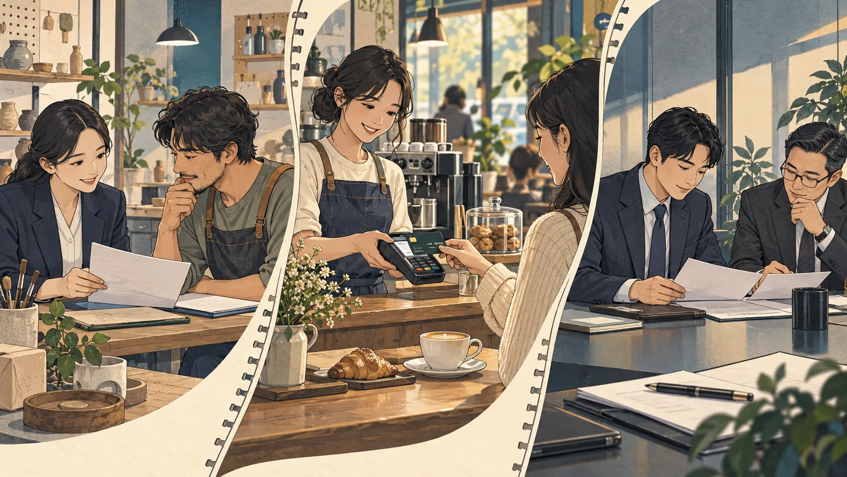 은행 대출 상담, 카드 결제, 증권 자금조달 상담의 세 장면을 그린 삽화