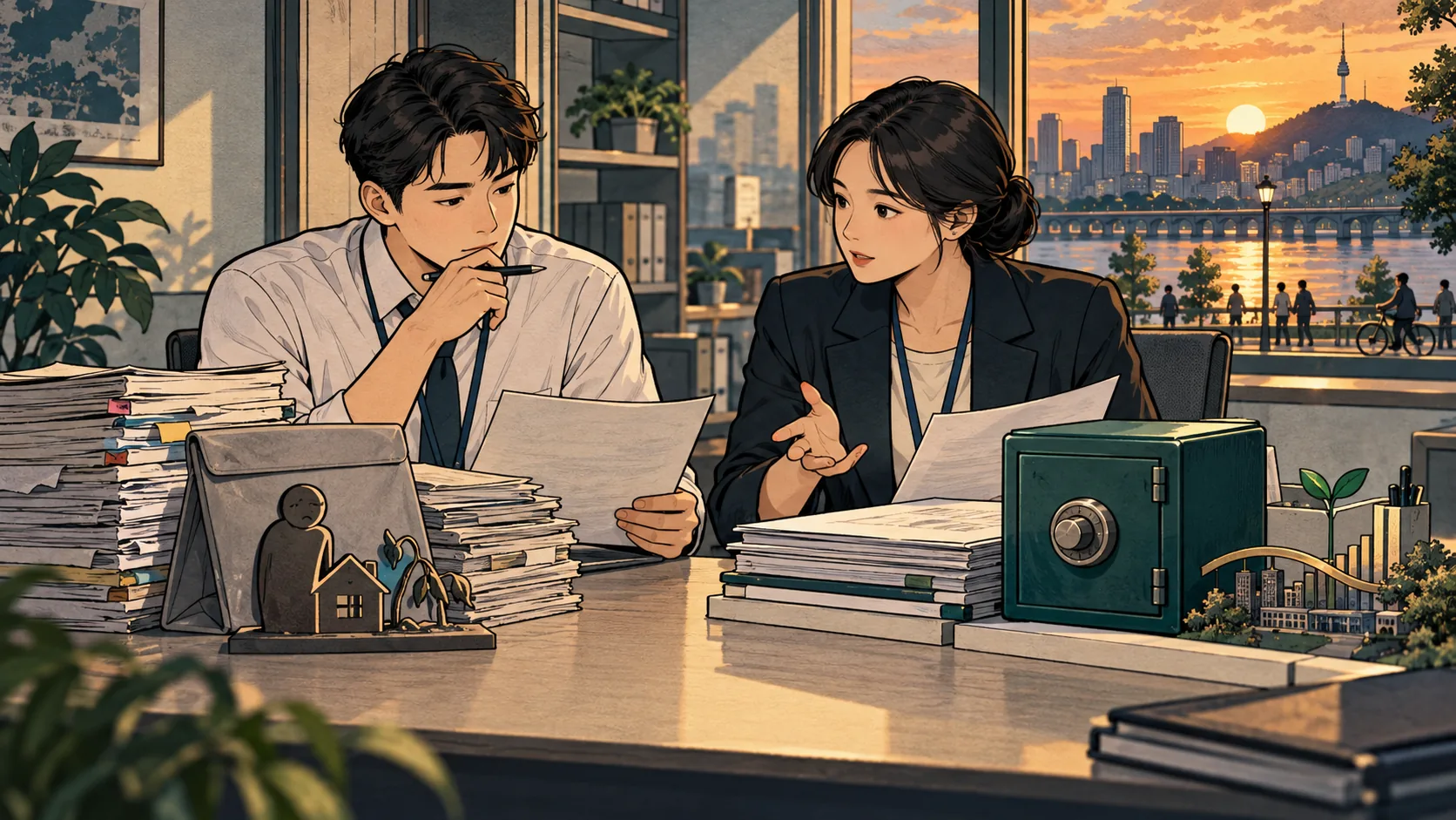 상환이 늦어지는 대출 서류와 자본 완충을 상징하는 금고를 검토하는 두 사람의 삽화