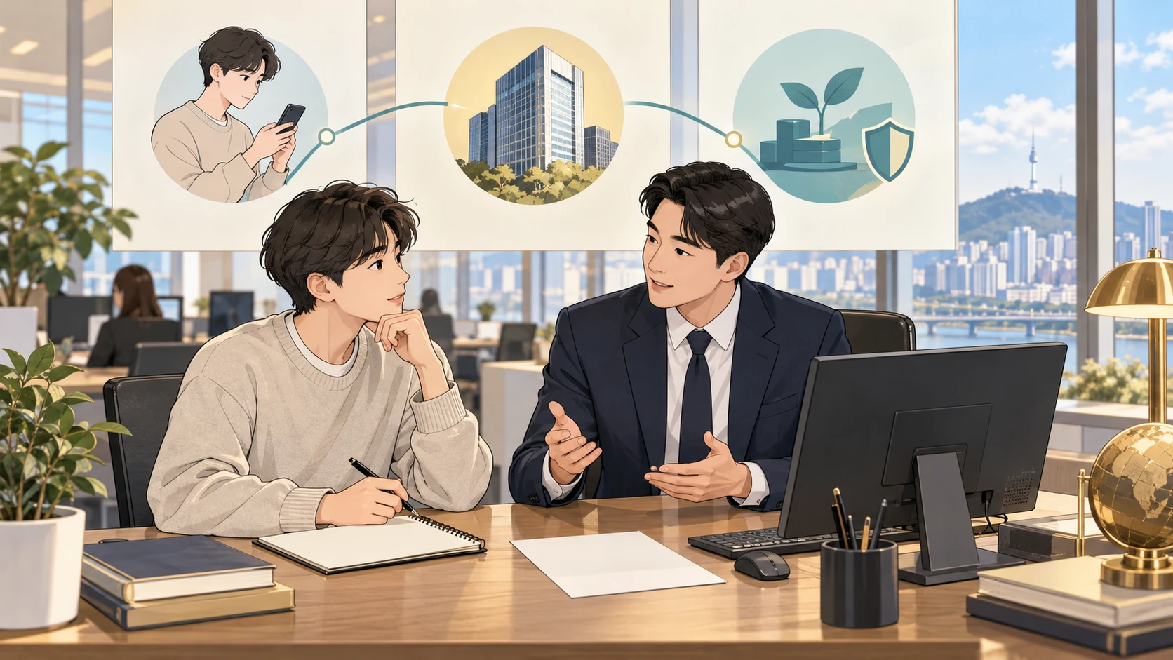 증권 전문가와 초보 독자가 증권회사의 역할을 살펴보는 일러스트