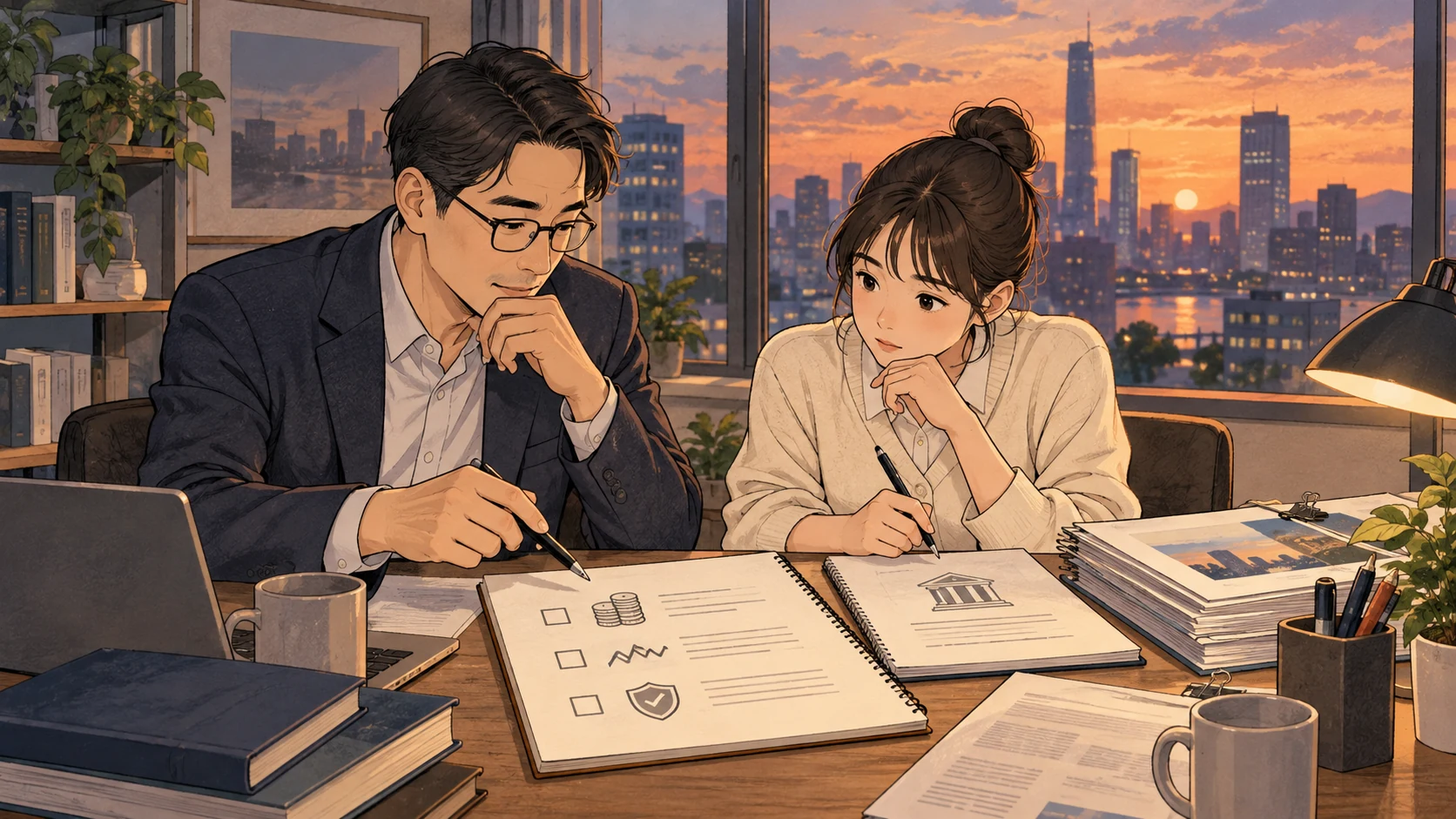 증권회사의 시장 환경과 자본 건전성 점검 항목을 살펴보는 일러스트