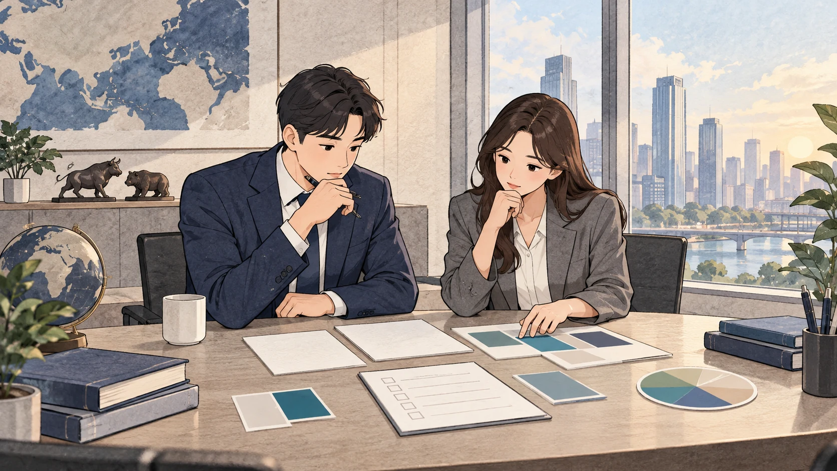증권회사의 위험관리와 자산 배분을 검토하는 회의 장면 일러스트