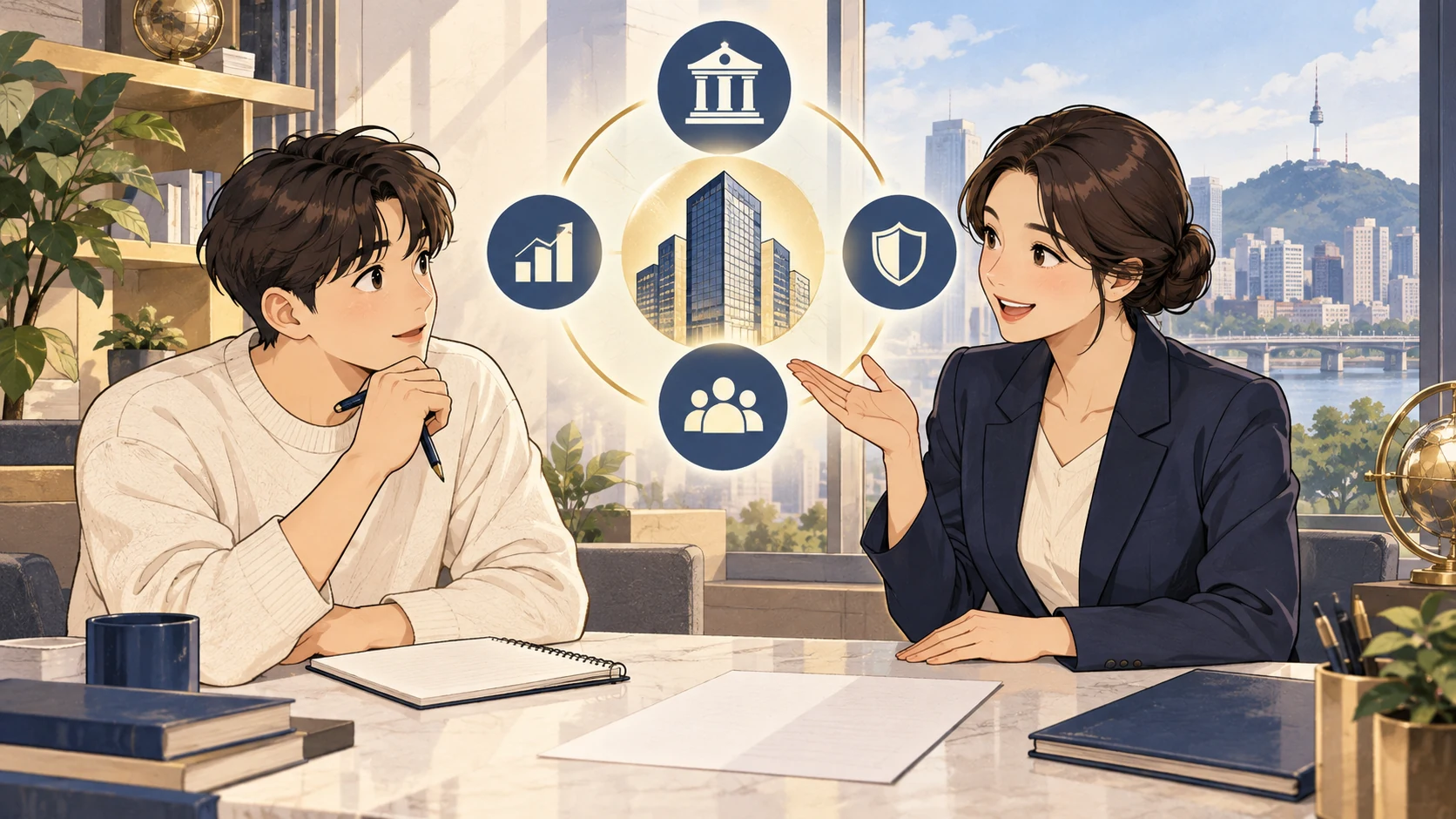 금융 전문가와 초보 독자가 금융지주의 구조를 설명하는 일러스트