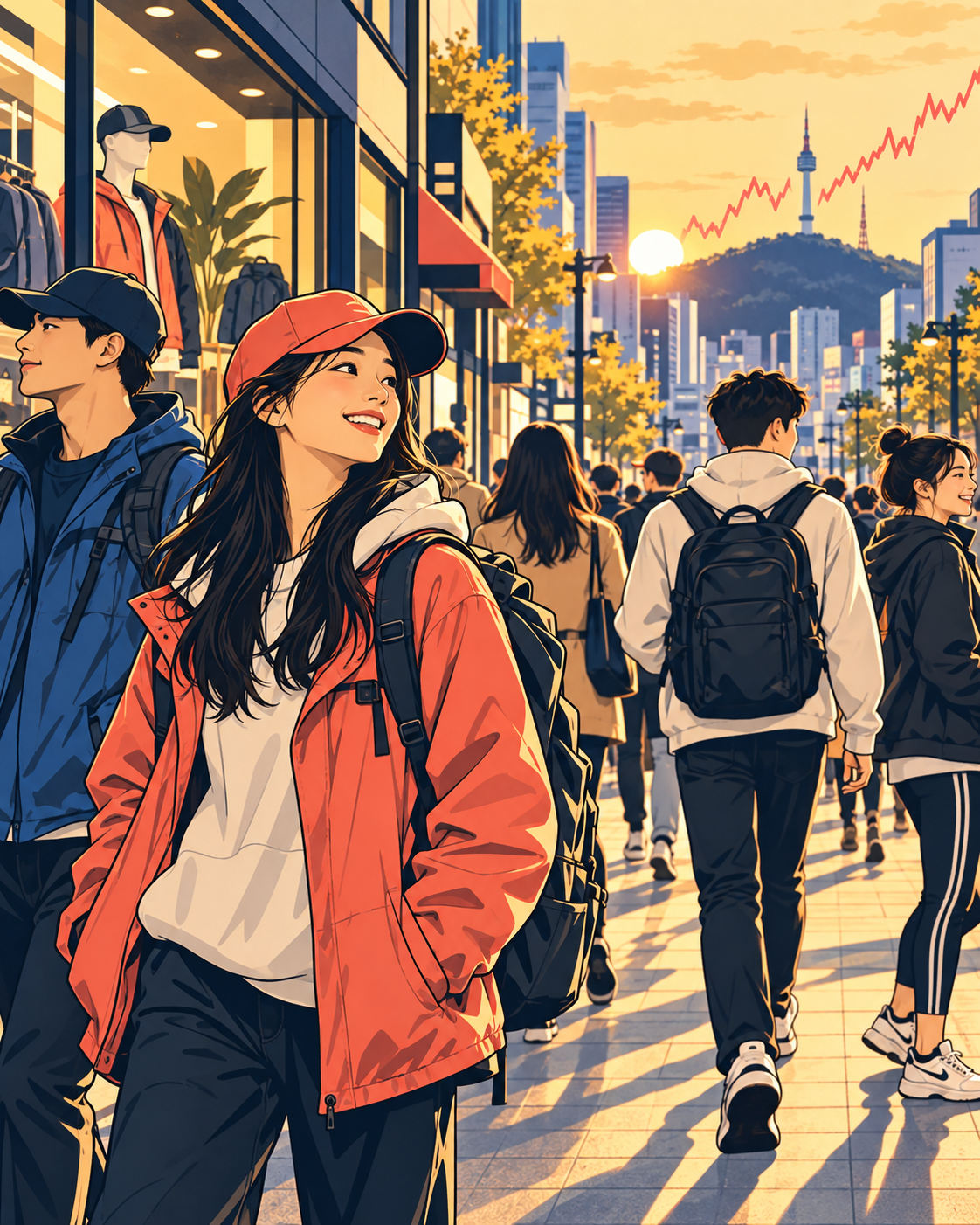 도심 속 캐주얼 패션 착장과 소비자 흐름
